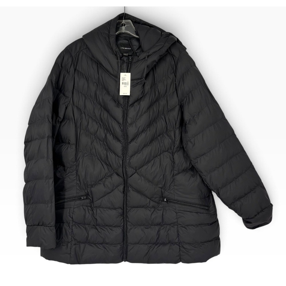 Lane Bryant Puffer Coat Women 22/24 Black NWT Chevron Quilted Hooded Zip Jacket